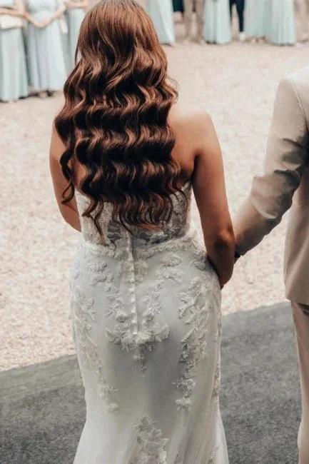 Designer Long Ivory Mermaid Strapless Lace Wedding Dress with Train by misshow.com