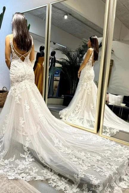 Designer Long Mermaid Appliques Sleeveless Wedding Dresses With Lace by misshow.com