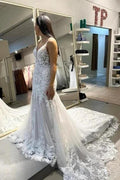 Designer Long Mermaid Appliques Sleeveless Wedding Dresses With Lace by misshow.com