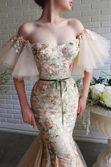 Designer Long Mermaid Off-the-shoulder Tulle Lace Prom Dress with Flowers by misshow.com