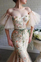Designer Long Mermaid Off-the-shoulder Tulle Lace Prom Dress with Flowers by misshow.com