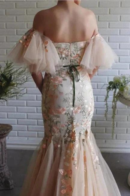 Designer Long Mermaid Off-the-shoulder Tulle Lace Prom Dress with Flowers by misshow.com