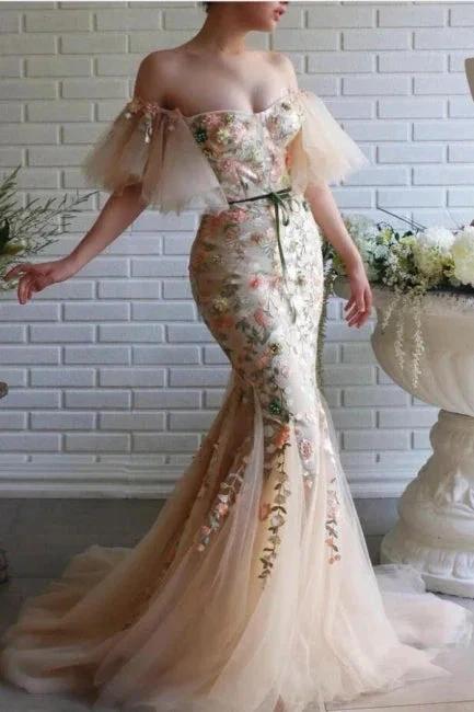 Designer Long Mermaid Off-the-shoulder Tulle Lace Prom Dress with Flowers by misshow.com