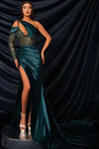 Designer Long Mermaid One Shoulder Long Sleeve Lace Prom Dress with Slit by misshow.com