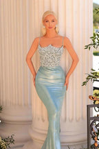 Designer Long Mermaid Spaghetti Straps Lace Prom Dress with Glitter by misshow.com