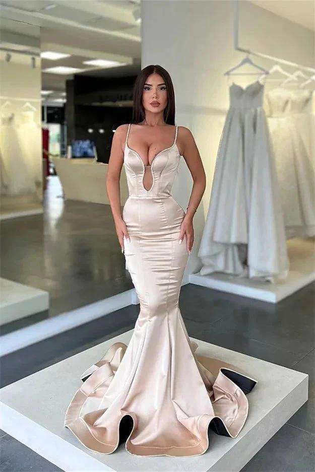 Designer Long Mermaid Spaghetti Straps Satin Sleeveless Prom Dress by misshow.com