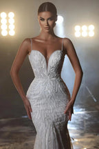 Designer Long Mermaid Spaghetti Straps V-neck Wedding Dress With Lace by misshow.com