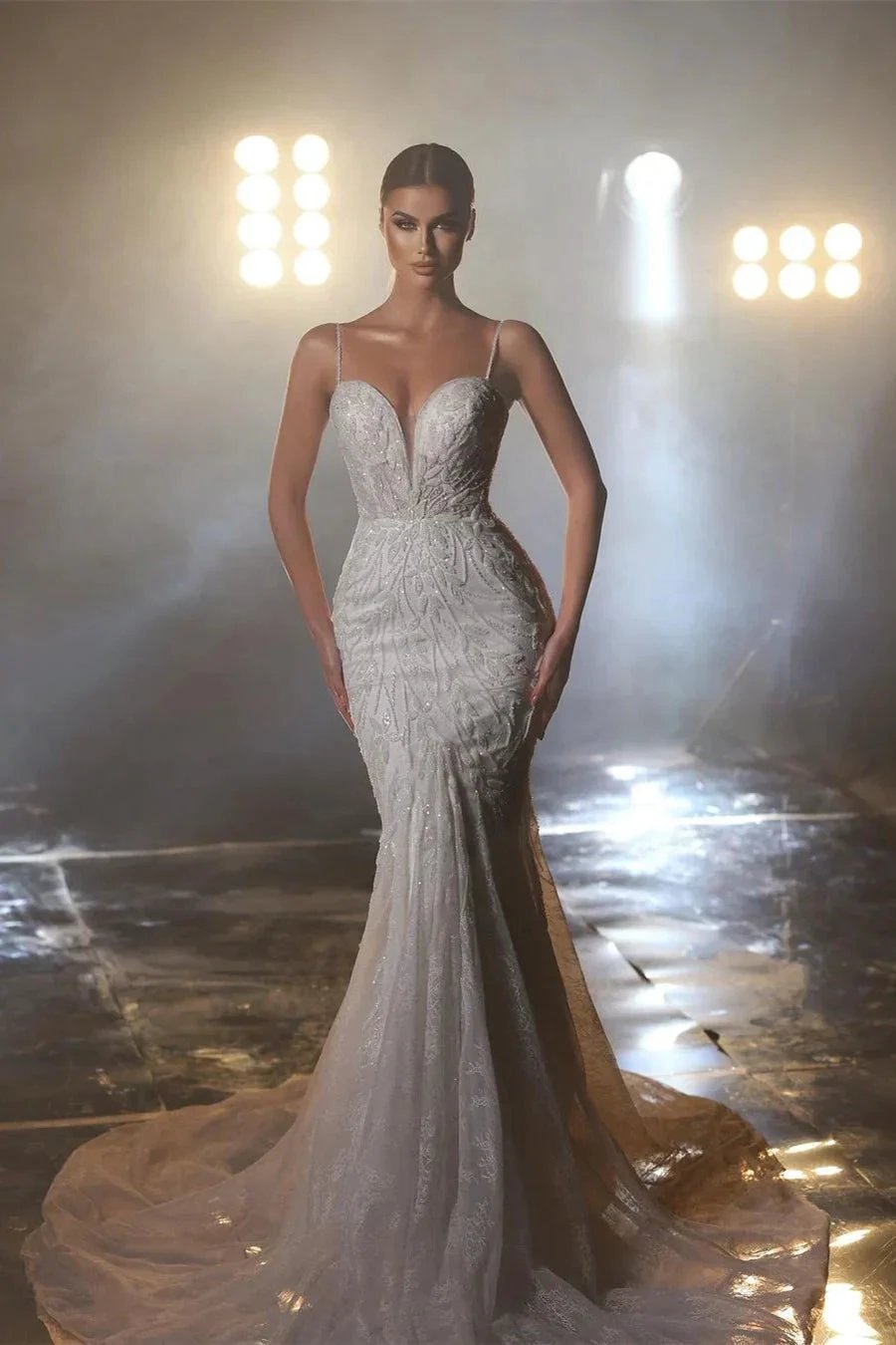 Designer Long Mermaid Spaghetti Straps V-neck Wedding Dress With Lace by misshow.com