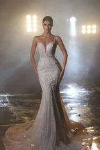 Designer Long Mermaid Spaghetti Straps V-neck Wedding Dress With Lace by misshow.com