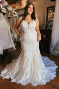 Designer Long Mermaid Spaghetti Straps Zippered Wedding Dresses Lace by misshow.com