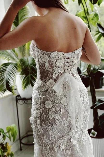Designer Long Mermaid Strapless Lace Sequined Wedding Dress with Train by misshow.com