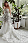 Designer Long Mermaid Strapless Lace Sequined Wedding Dress with Train by misshow.com