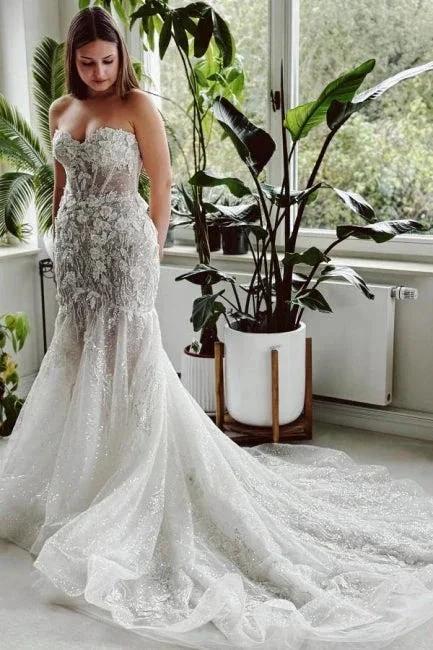 Designer Long Mermaid Strapless Lace Sequined Wedding Dress with Train by misshow.com
