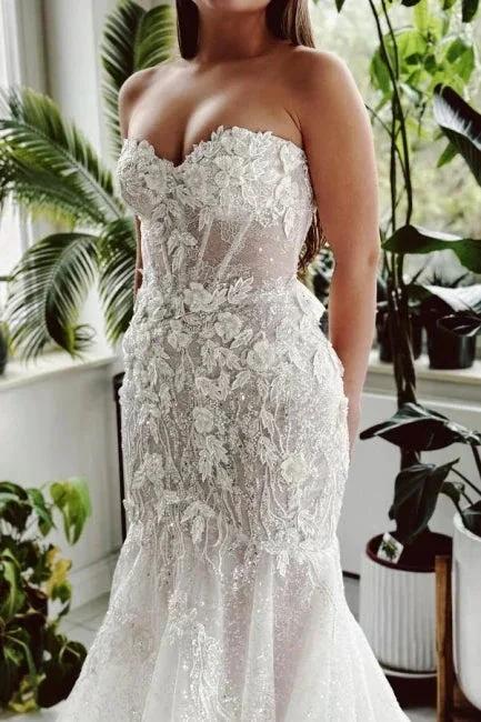 Designer Long Mermaid Strapless Lace Sequined Wedding Dress with Train by misshow.com