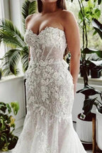 Designer Long Mermaid Strapless Lace Sequined Wedding Dress with Train by misshow.com