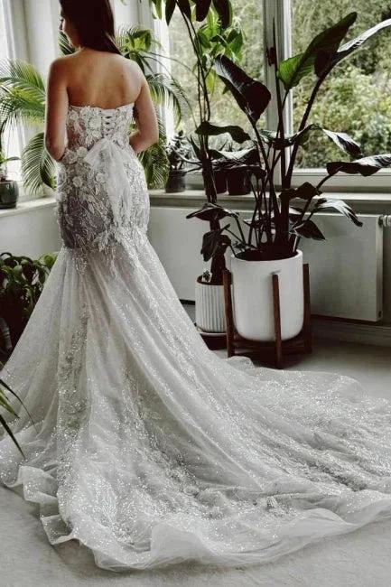 Designer Long Mermaid Strapless Lace Sequined Wedding Dress with Train by misshow.com