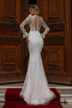 Designer Long Mermaid V-neck Lace Wedding Dresses With Long Sleeves by misshow.com