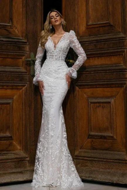 Designer Long Mermaid V-neck Lace Wedding Dresses With Long Sleeves by misshow.com