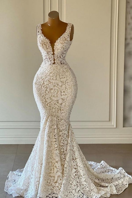 Designer Long Mermaid V-neck Sleeveless Wedding Dresses With Lace Hover Image