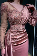 Designer Long Pink Beading Lace Evening Dress With Long Sleeves by misshow.com