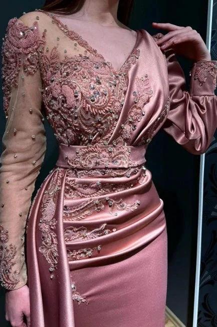 Designer Long Pink Beading Lace Evening Dress With Long Sleeves by misshow.com