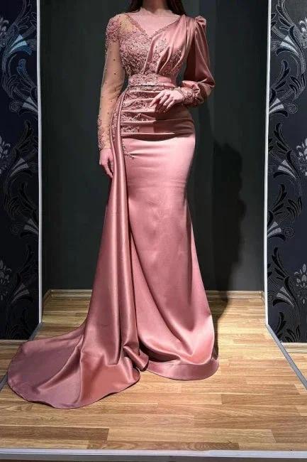 Designer Long Pink Beading Lace Evening Dress With Long Sleeves by misshow.com
