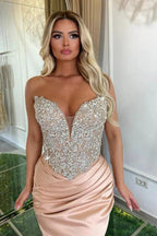 Designer Long Pink Mermaid V-neck Strapless Lace Satin Prom Dress with Rhinestones by misshow.com
