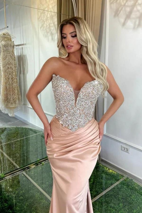 Designer Long Pink Mermaid V-neck Strapless Lace Satin Prom Dress with Rhinestones by misshow.com