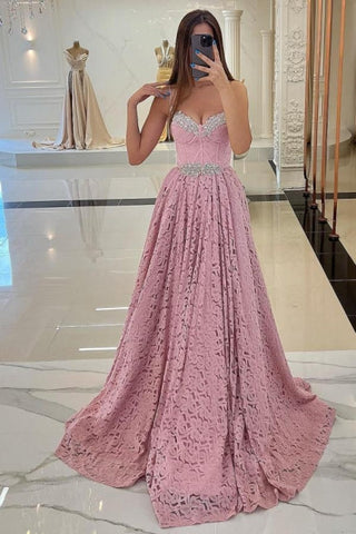 Designer Long Pink Spaghetti Straps Evening Dresses With Lace