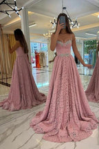 Designer Long Pink Spaghetti Straps Evening Dresses With Lace by misshow.com