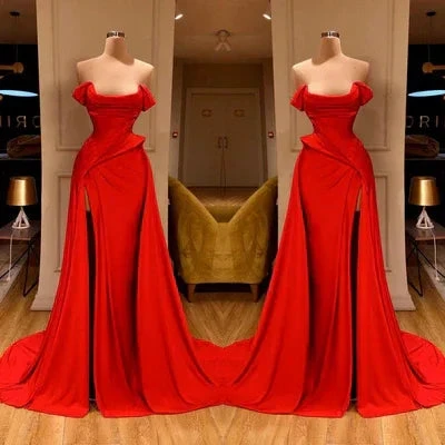 Designer Long Red A-line Sleeveless Satin Sexy Prom Dress With Slit by misshow.com