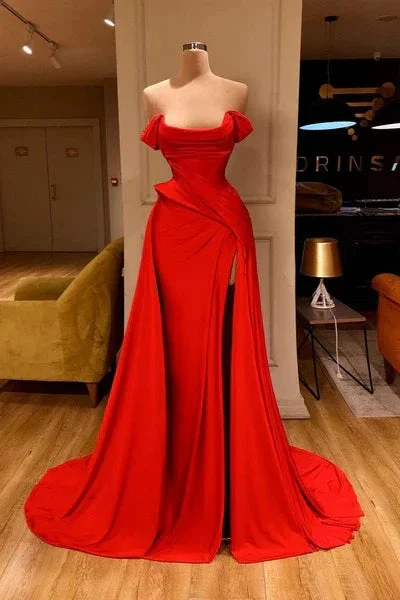 Designer Long Red A-line Sleeveless Satin Sexy Prom Dress With Slit by misshow.com