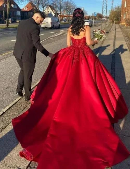 Designer Long Red A-line Spaghetti Straps Lace Princess Wedding Dress by misshow.com