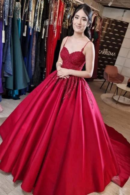 Designer Long Red A-line Spaghetti Straps Lace Princess Wedding Dress by misshow.com