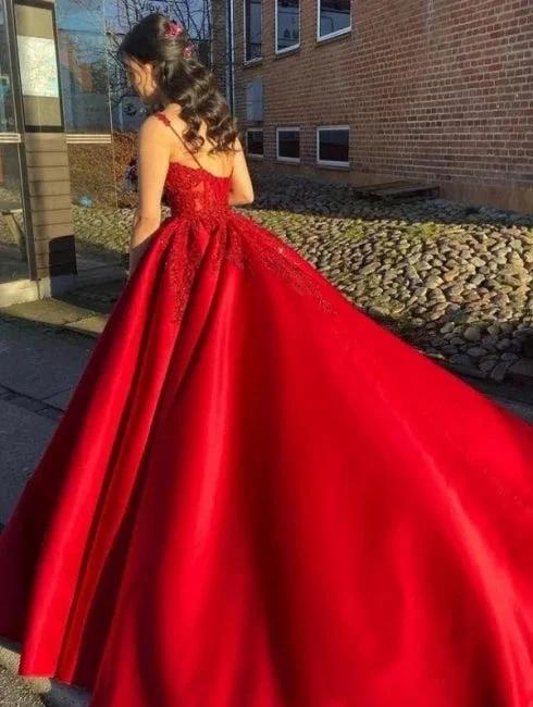 Designer Long Red A-line Spaghetti Straps Lace Princess Wedding Dress by misshow.com