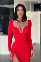 Designer Long Sexy Red Long Sleeves Prom Dress With Slit by misshow.com