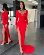 Designer Long Sexy Red Long Sleeves Prom Dress With Slit by misshow.com