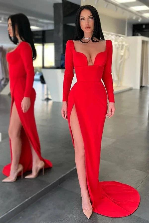 Designer Long Sexy Red Long Sleeves Prom Dress With Slit by misshow.com
