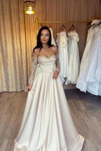 Designer Long Simple A-line Sweetheart Sequined Satin Prom Dresses With Sleeves by misshow.com
