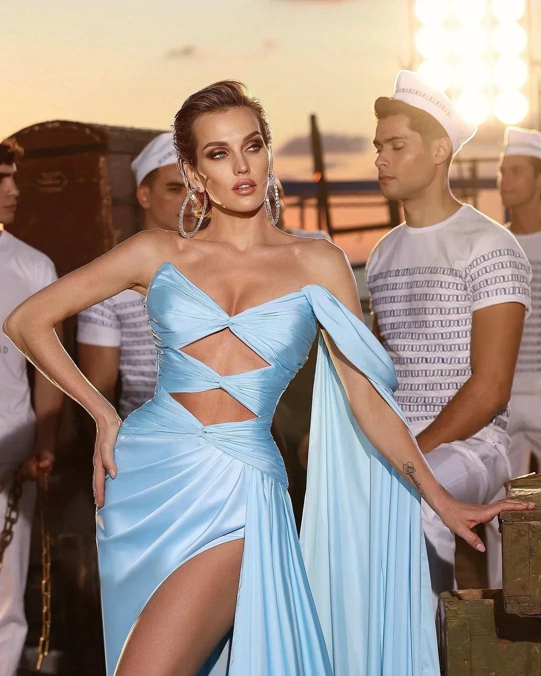 Designer Long Sky Blue A-line Sleeveless Prom Dress With Slit by misshow.com