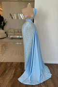 Designer Long Sky Blue One Shoulder Sequined Prom Dress With Lace by misshow.com