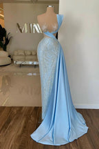 Designer Long Sky Blue One Shoulder Sequined Prom Dress With Lace by misshow.com