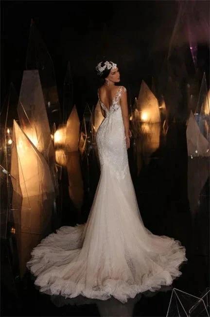Designer Long V-neck Mermaid Lace Appliques Sleeveless Wedding Dresses by misshow.com