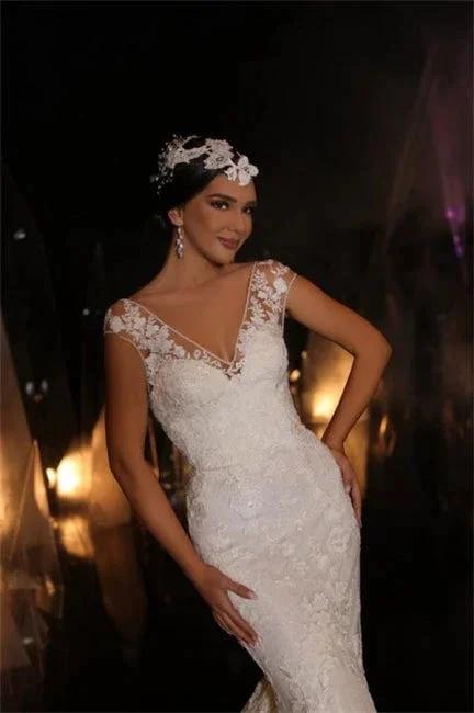 Designer Long V-neck Mermaid Lace Appliques Sleeveless Wedding Dresses by misshow.com