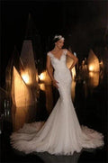 Designer Long V-neck Mermaid Lace Appliques Sleeveless Wedding Dresses by misshow.com