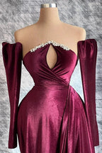 Designer Long Velvet Sequined Long Sleeves Prom Dress With Train by misshow.com