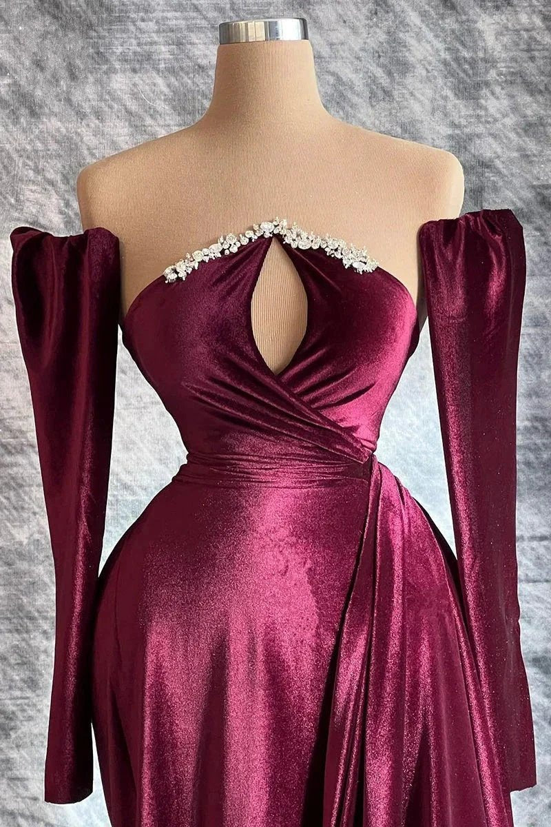 Designer Long Velvet Sequined Long Sleeves Prom Dress With Train by misshow.com