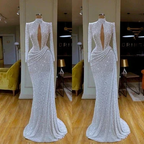 Designer Long White High Neck Long Sleeves Mermaid Sequined Prom Dress by misshow.com