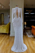 Designer Long White High Neck Long Sleeves Mermaid Sequined Prom Dress by misshow.com