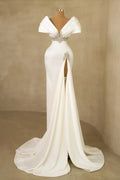Designer Long White Mermaid Off-the-shoulder Jewels Wedding Dress with Slit by misshow.com